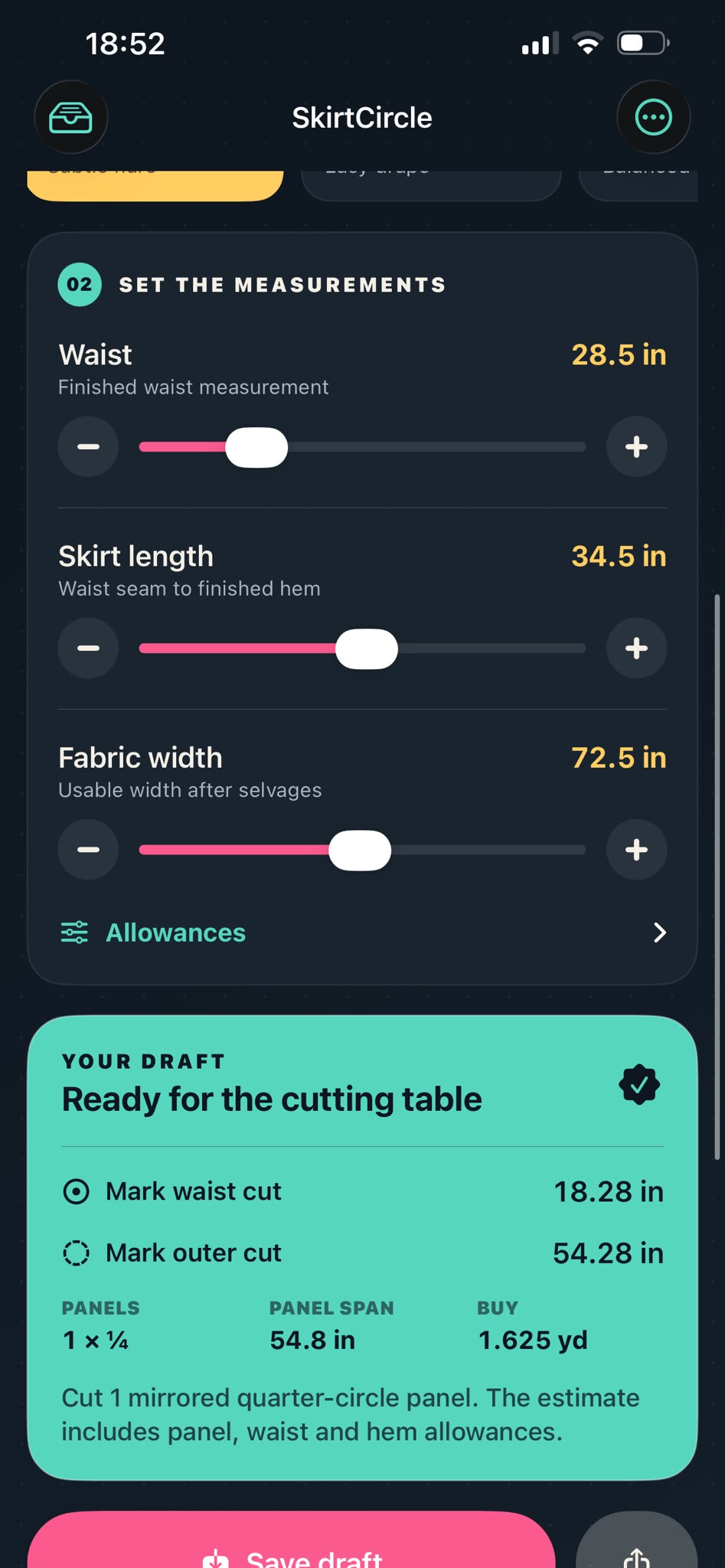 Skirt measurements and ready cutting plan