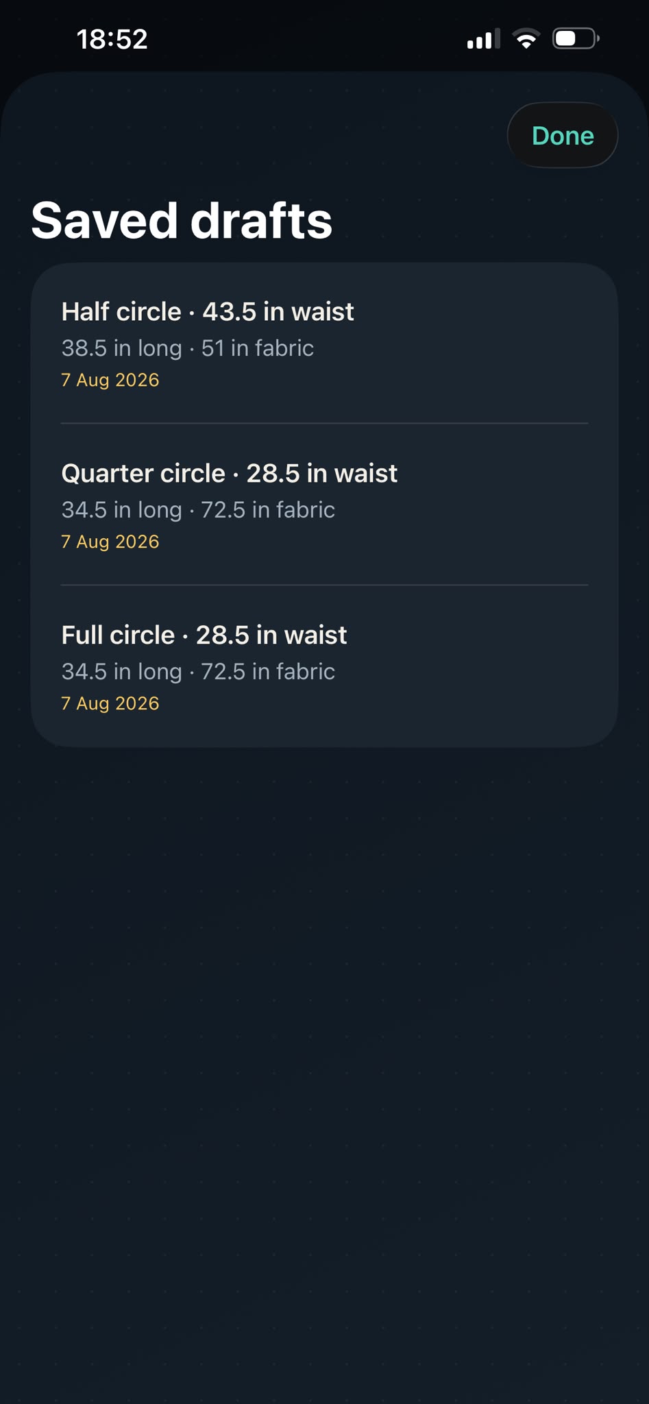 Saved skirt drafts in SkirtCircle