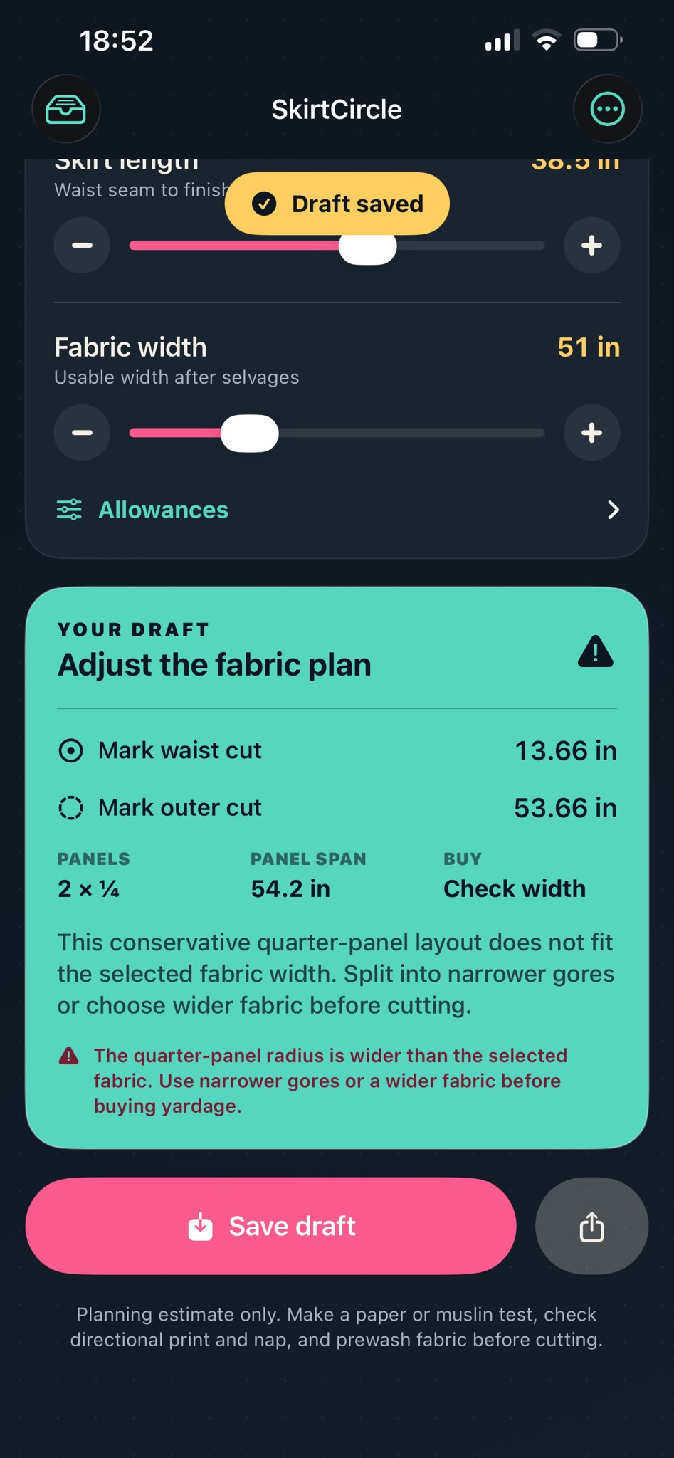 Fabric width warning in SkirtCircle